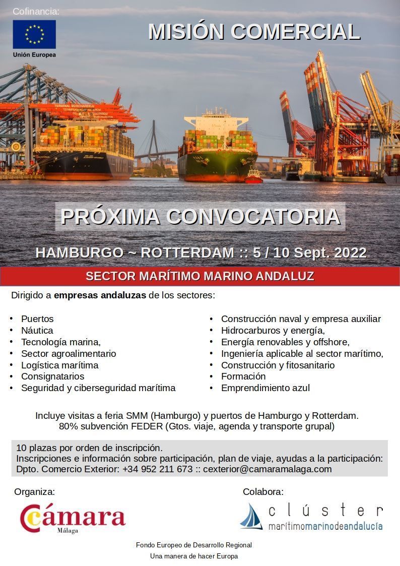 La Cámara de Comercio de Málaga y el CMMA lanzan una misión comercial a Hamburgo y Rotterdam para empresas del sector marítimo-marino